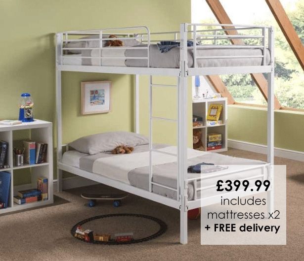 white bunk beds with mattress included